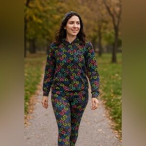 Colorful Heart Print Hoodie & Capri Leggings Set Cozy Fleece Matching Size XL